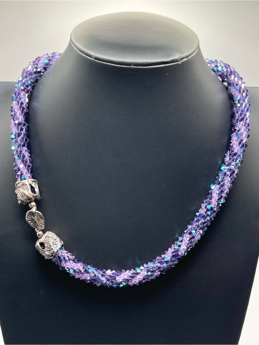 🌑Sterling Silver AB Crystal Kumihimo Beaded Rope Estate Artisan Necklace🌑